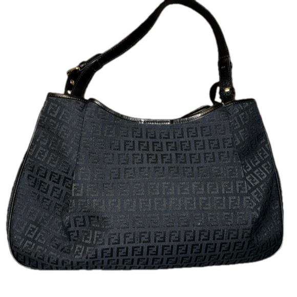 FENDI ZUCCHINO  Black Canvas Shoulder Bag with a Charm - Picture 4 of 13